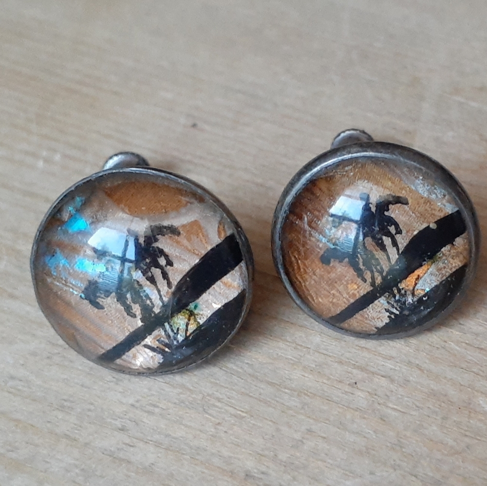 Antique Sterling Silver PalmTrees Screwback Earrings